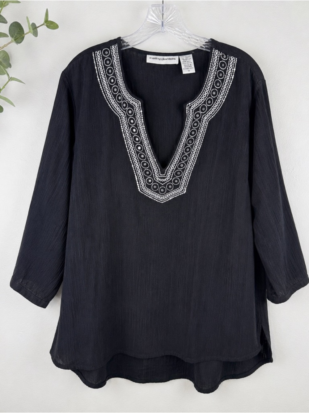 Cathy Daniels Black Embellished Tunic Top 1X Boho Sequin Gauze Cover Up